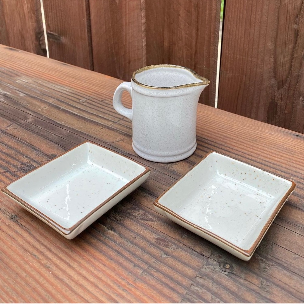 VINTAGE Stoneware Condiment Dishes & Stoneware Creamer Cup